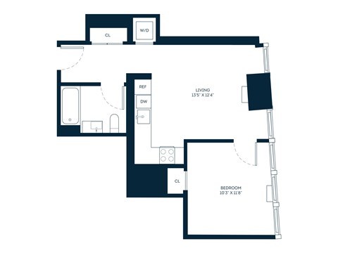 Floor plan for studio, 1 bath, 594 sqft